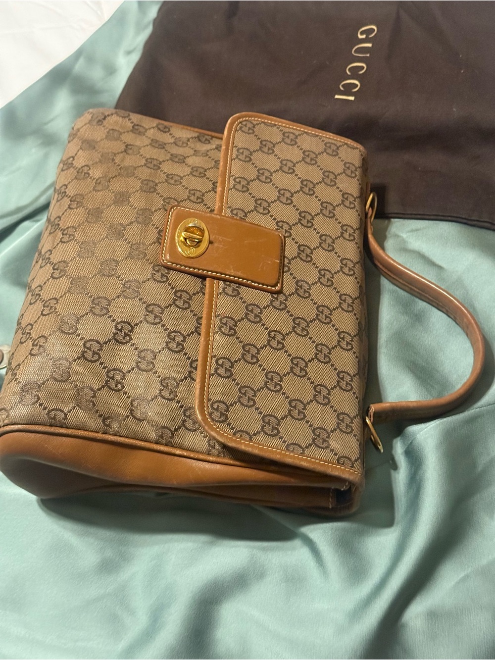 Gucci Tan Brown Monogram Leather Bag with Embossed Serial